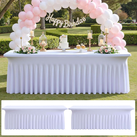 2 pk White Spandex Table Cloth Rectangle 8ft with Ruffle Skirt,Wrinkle Free High-Stretch Fitted Tablecloths for 8 Foot Rectangle Tables,Elastic Spandex Table Covers 8 ft for Parties Weddings Banquet