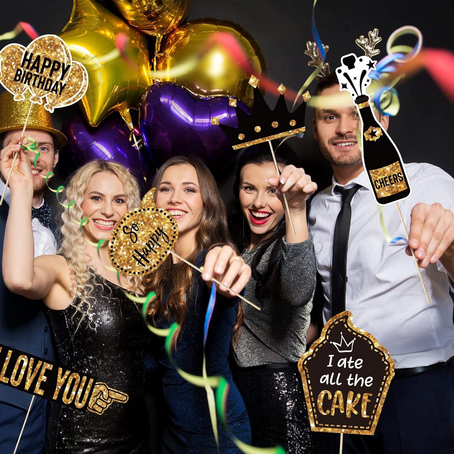 Outus 36 Pcs Birthday Photo Booth Props Kit Happy Birthday Graduation Wedding Party Favors Supplies Bday Party Decor 40th- 50th-60th Photobooth Funny Cute Holiday Selfie Supplies(Gold and Black)