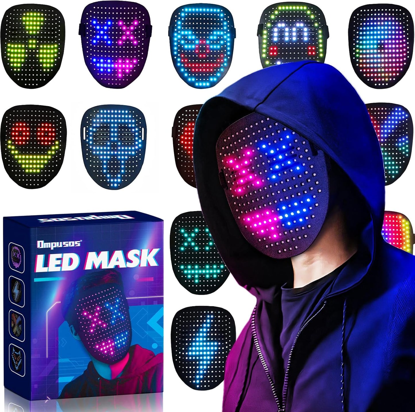 Ompusos LED Mask with Gesture Sensing, Light-Up Transforming Face Cover for Halloween, Christmas, Cosplay & Birthday Parties