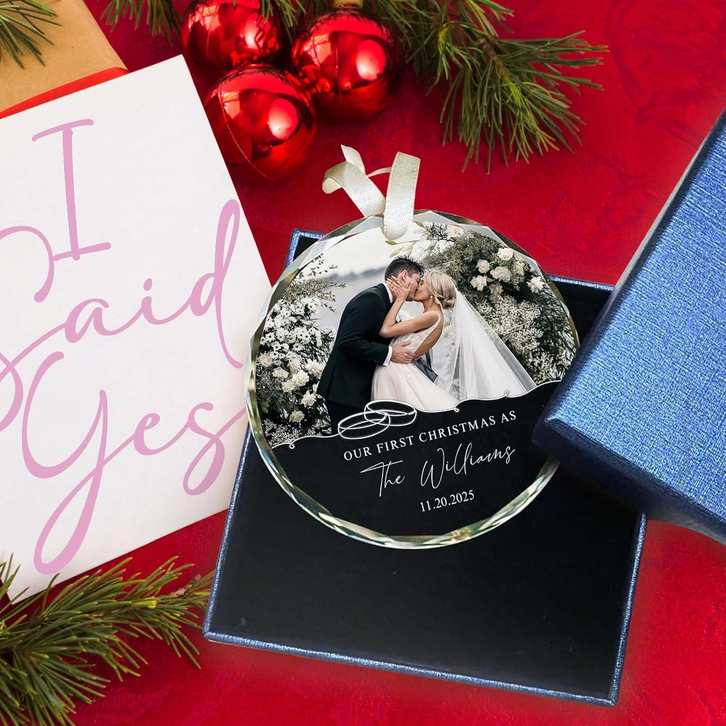 Personalized First Christmas Married Ornament, Custom Photo 1st Christmas Married Ornaments, Just Marry Ornaments Gifts for Newlyweds - Glass Wedding Ornament 2025 Gift for Couple with Box