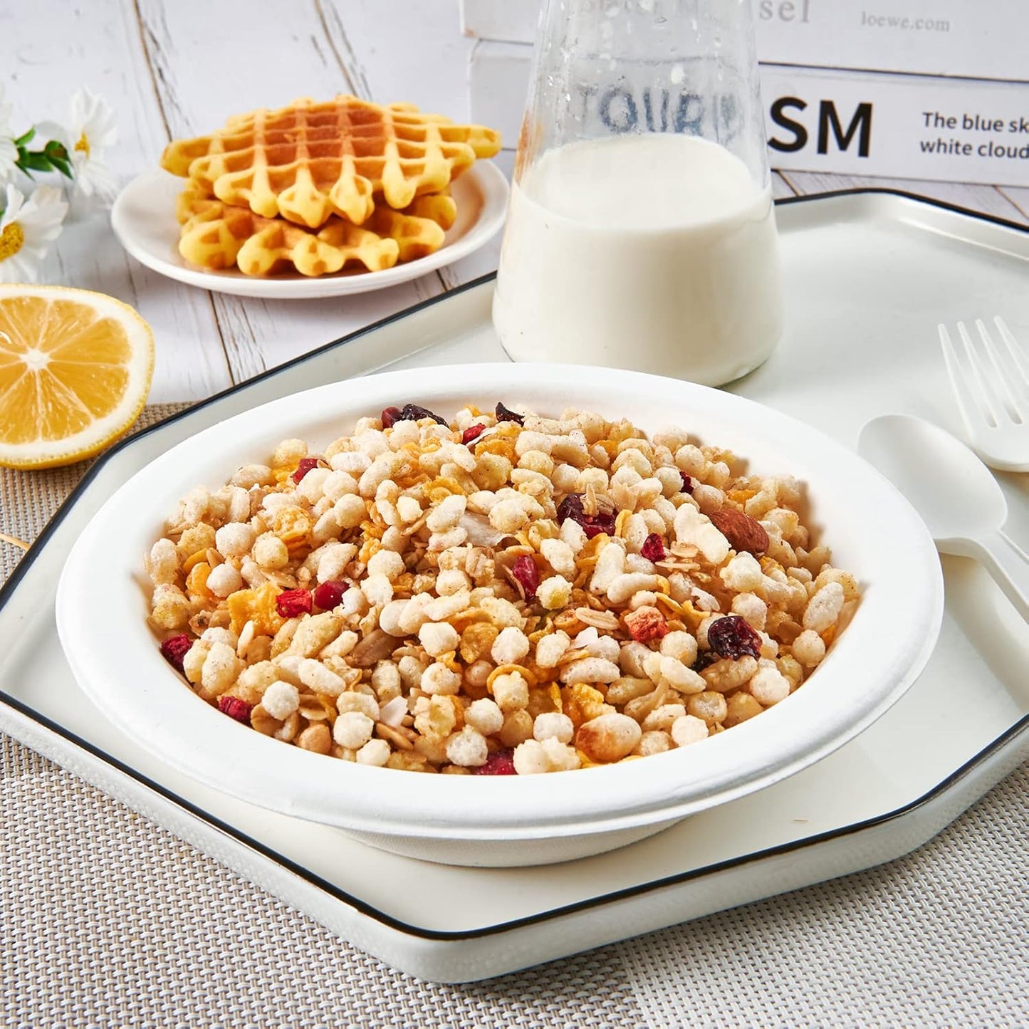 ECOLipak 150 Pack Compostable Disposable Paper Bowls, 16 OZ Heavy duty Biodegradable Eco Friendly Sugarcane Bagasse Bowls Great for Soup, Salad, Milk Cereals