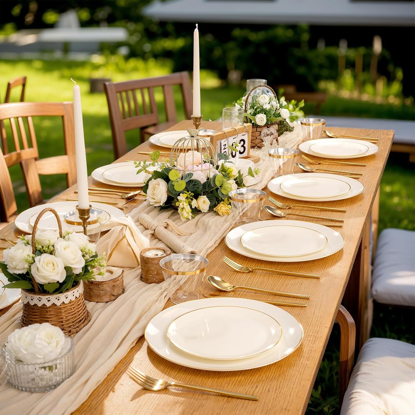 PULOTE 100PCS Ivory Plastic Plates - Cream Plastic Disposable Heavy Duty for Party & Thanksgiving - Include 50 Each (Dinner & Dessert) Plates