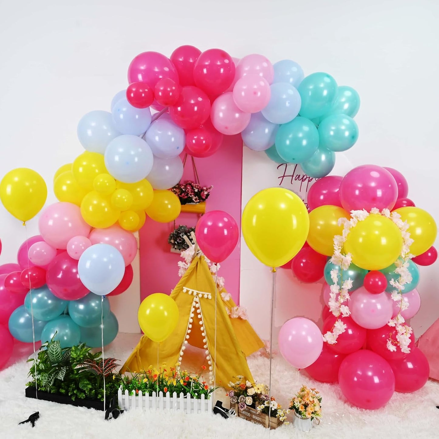 155 Pcs Summer Rainbow Balloons Arch Kit, Hot Pink Teal Blue and Yellow Neon Balloon Garland Kit Pool Birthday Decor, Pastel Pink Blue Colorful Long Balloon as Rainbow Tropical Luau Party Decorations
