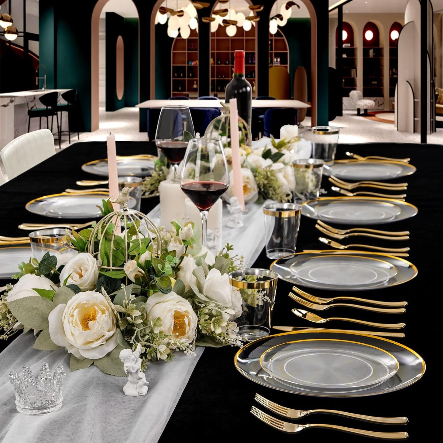 LIYH 60 Pcs Clear and Gold Plastic Plates Heavy Duty Clear Disposable Plates for Party Gold Plastic Plate for Wedding Birthday Include 30 Dinner 30 Dessert Plate