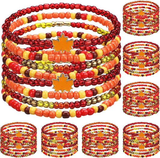 64 Pcs Thanksgiving Beaded Bracelets Fall Maple Leaf Beads Stretch Bracelet Thanksgiving Charm Bracelets Festive Jewelry Gifts for Women Men Accessories Party Favor Supplies