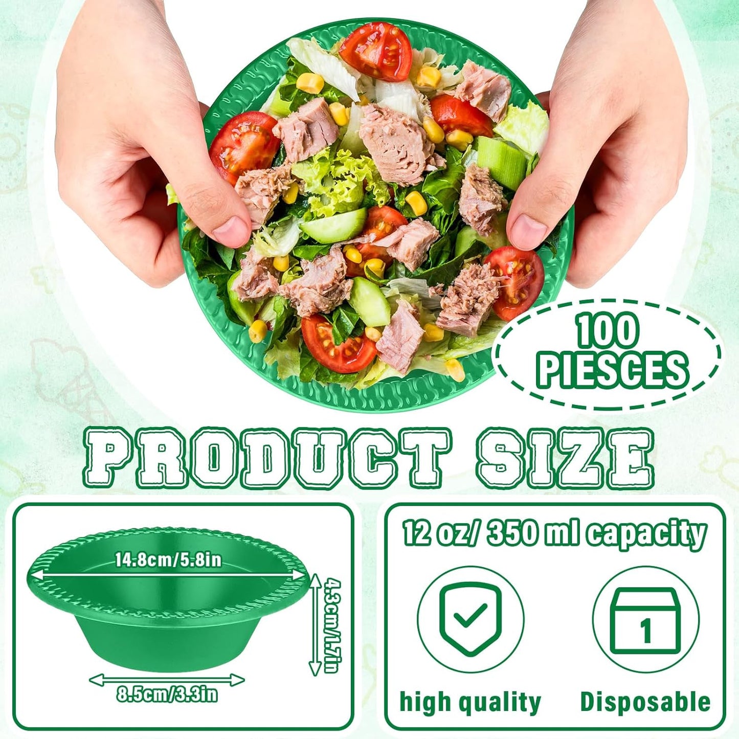 Lallisa 100 Pcs 12oz Dark Green Disposable Plastic Bowls Dessert Cups Ice Cream Snack Salad Soup Food Serving Bowls for Party Favor Picnic