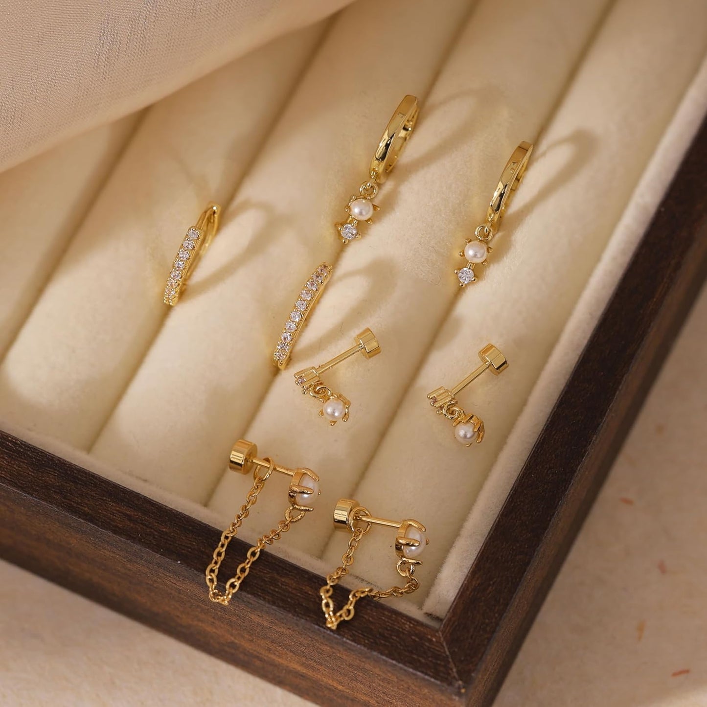 Gold Earrings for Women, 14k Gold Plated Dangle Huggie Earrings for Women Trendy Dainty Gold Hoop Earring Stacks Hypoallergenic Pearl Chain Drop Cartilage Earring Fashion Womens Jewelry