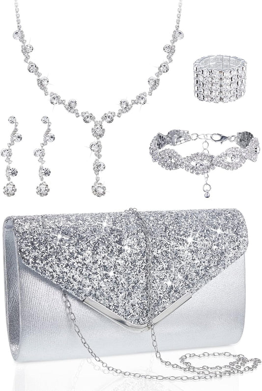 Henoyso 5 Pcs Purse Rhinestone Jewelry Set Prom Jewelry Rhinestone Clutch Purse Necklace Earrings Bracelets for Women Bride