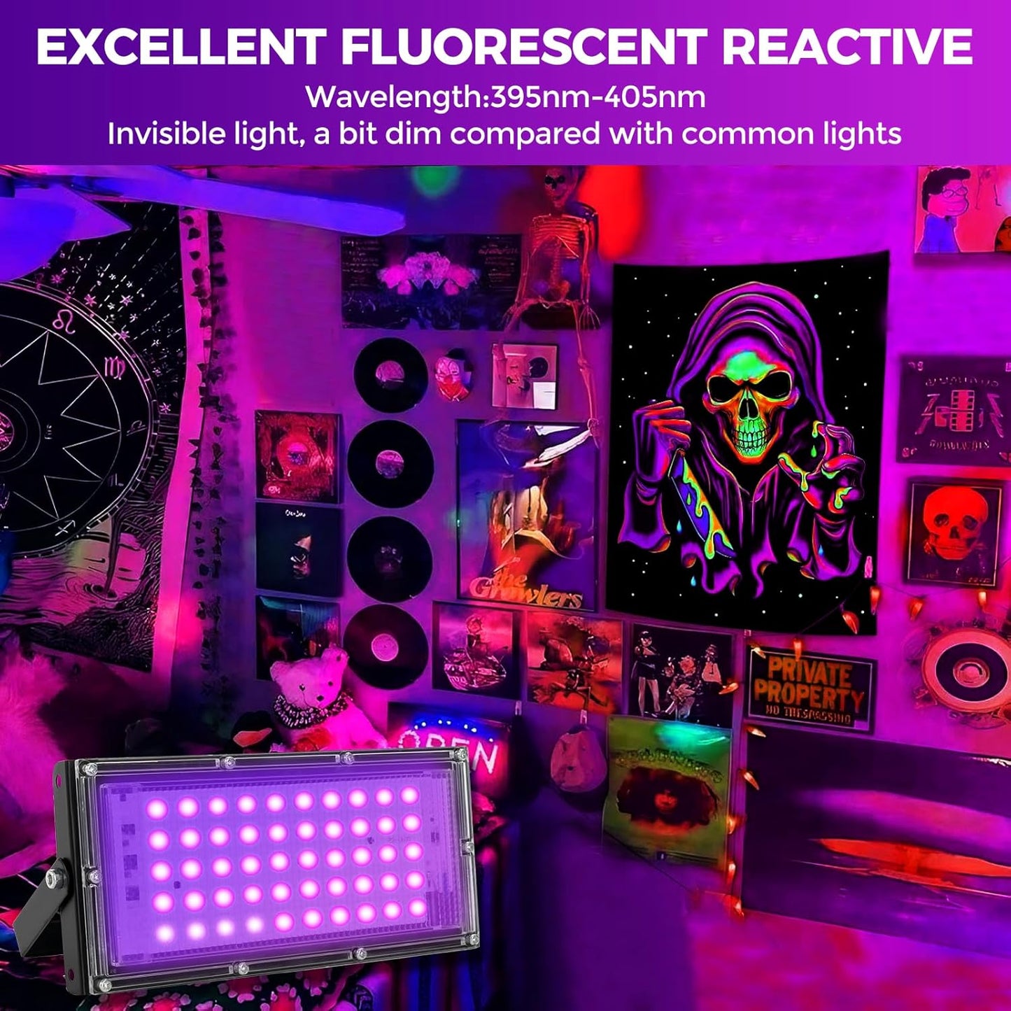 50W LED Black Lights for Glow Party, IP65 Waterproof UV Blacklight Floodlight 395nm Black Light Spotlight Purple Black Light Flood Light Fluorescent UV Light Lamp for Halloween Decor (4 Pack)