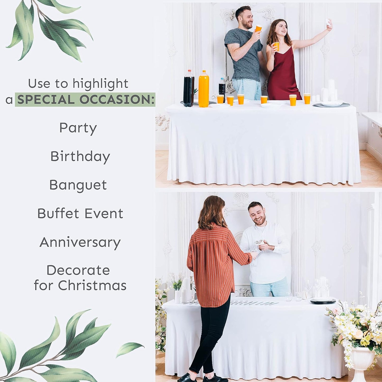 Table Skirt for Rectangular Tables 8ft - Wedding Spandex Covers for Standard 8 Foot Table - One Piece Fitted Stretchy Tablecloth - Wrinkle Resistant Ruffles Great for Party,Banquet (8 ft, White)