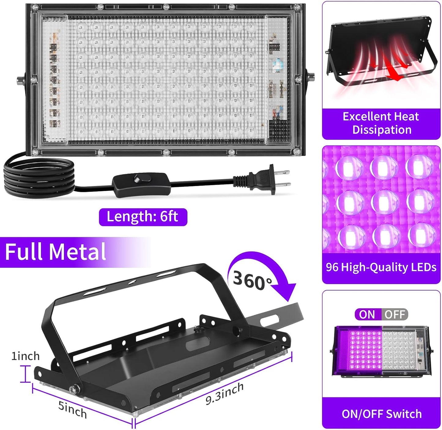100W Black Lights with Switch+Plug, IP66 Waterproof, LED Blacklight Flood Light for Glow Party, Halloween, Bedroom, Fluorescent Poster, Body Paint, 2 Pack