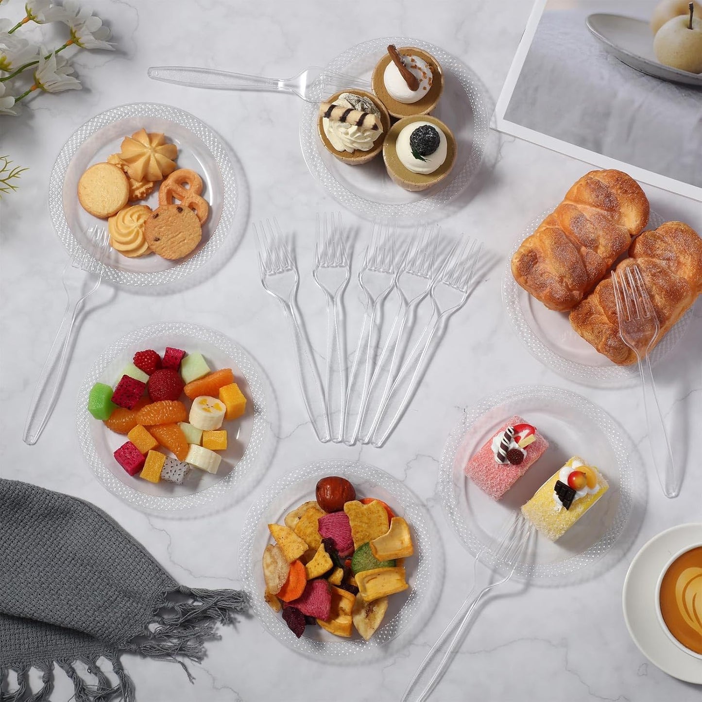 Hushee 400 Pcs 6 Inch Plastic Dessert Plates with Forks for Cake Appetizer, 300 Disposable Plates and 300 Plastic Forks for Wedding Birthday Party Event Bulk (Clear)