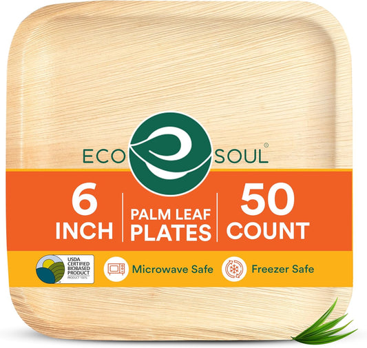 ECO SOUL 50 Count Square Palm Leaf Plates of 6 Inch - Disposable, Eco-Friendly, Biodegradable Bamboo Plates - Perfect for Parties, Catering, Weddings & Large Events