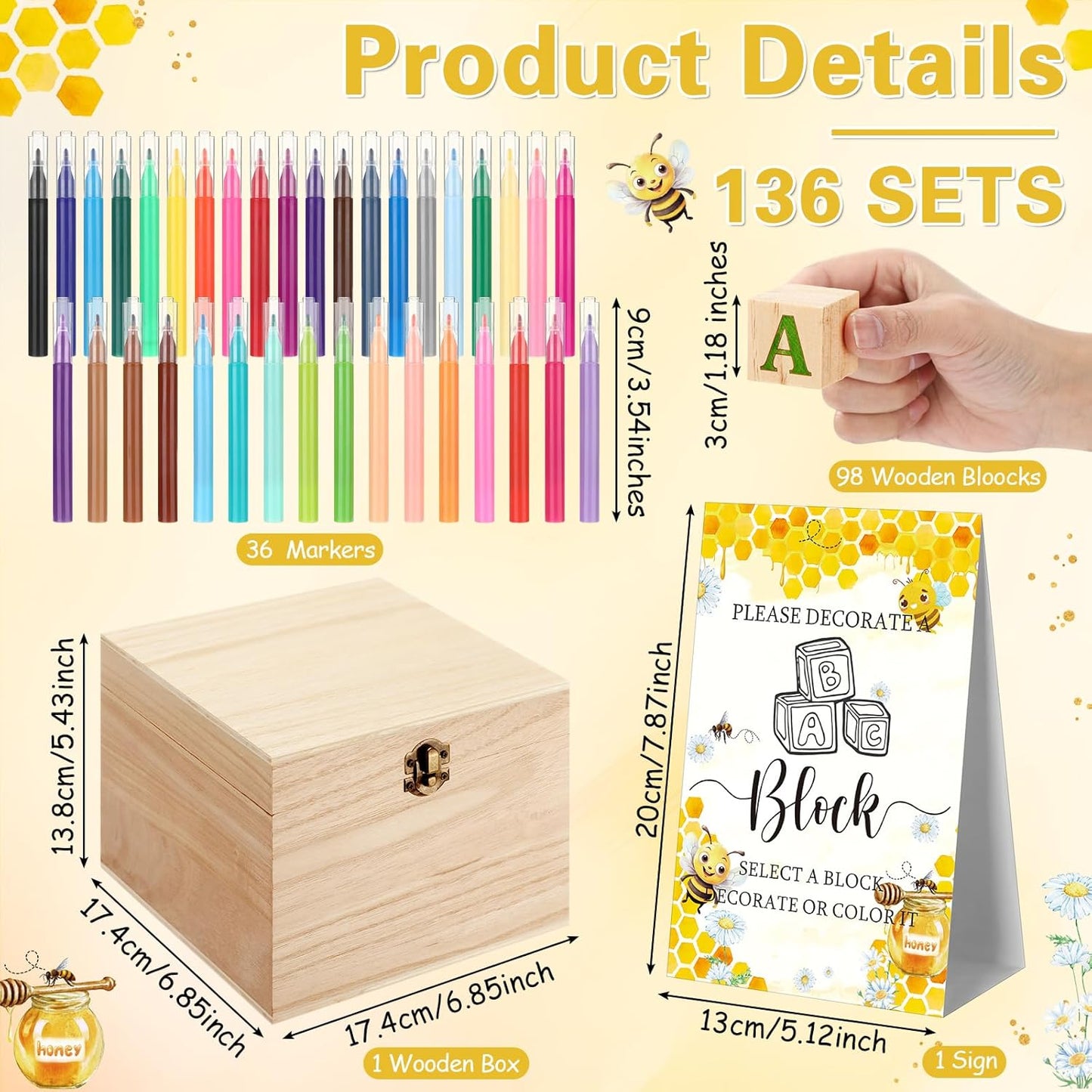 Marsui 136 Pcs Baby Shower Blocks to Decorate Game Kit Includes 98 Wooden Blocks, 36 Markers, 1 Game Sign, 1 Storage Box for Baby Shower Gender Reveal Activity Party Decorations(Bee)