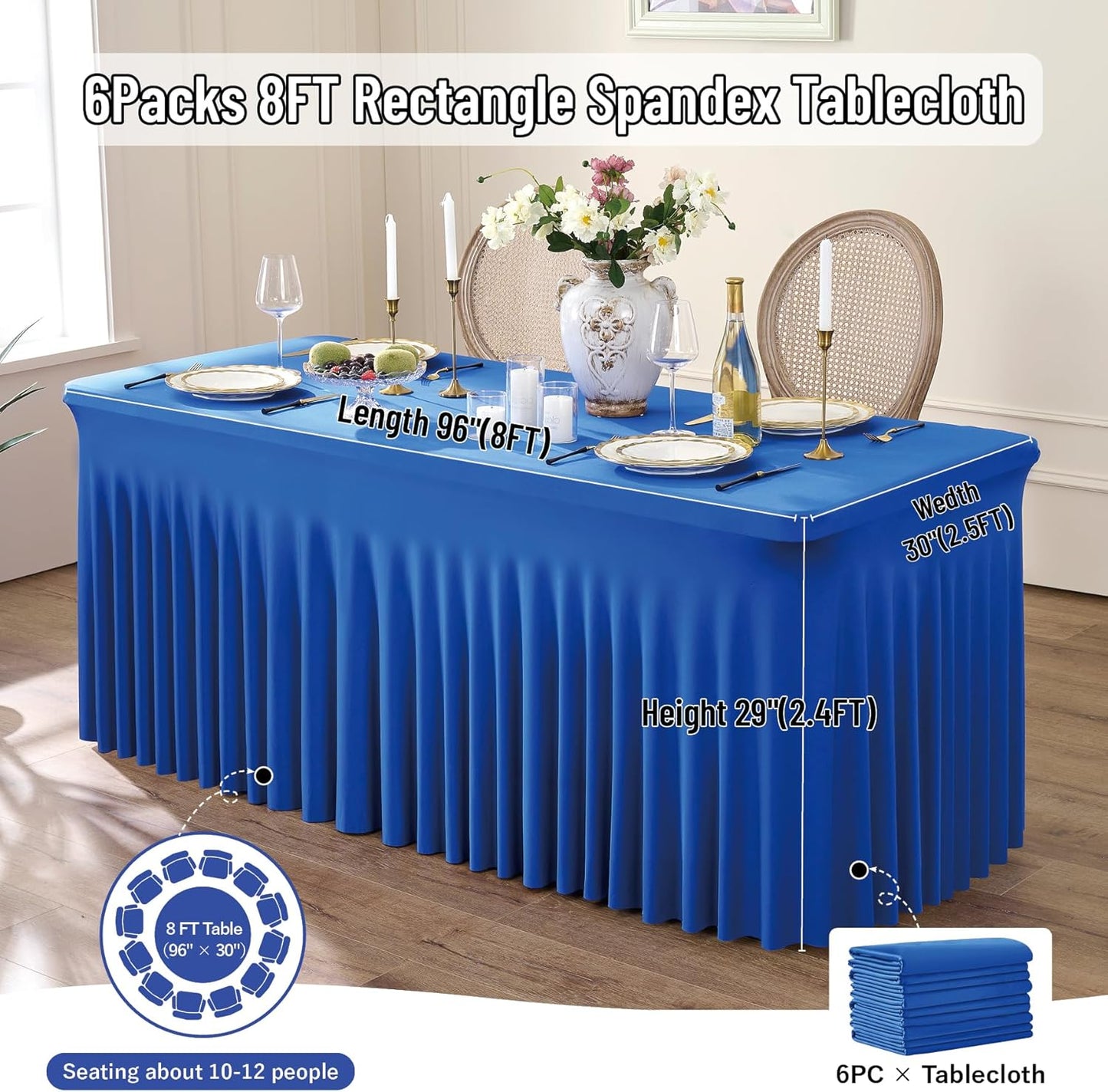 Leegleri 6 Pack Royal Blue Spandex Tablecloths for 8ft Rectangle Tables, Wrinkle Free Fitted Table Cloths with Skirt for Parties, Weddings, Birthday, Banquet, Baby Shower