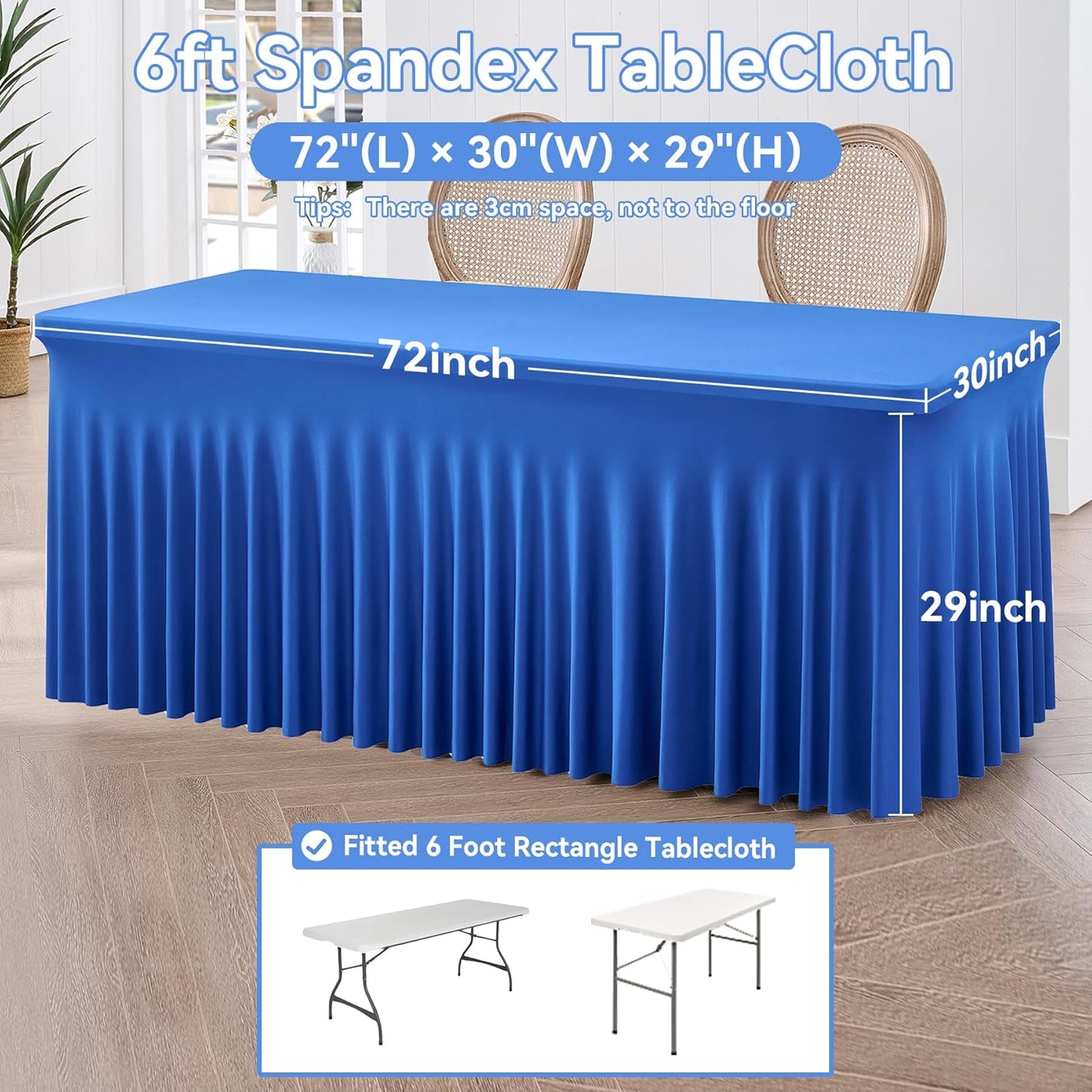 NSSONBEN 2 Pack Royal Blue Spandex Tablecloths 6ft, Wrinkle Free High Stretch Fitted Table Cloths for 6 Foot Rectangle Tables, Ruffle Skirt Spandex Table Covers 6ft for Party Wedding Banquet