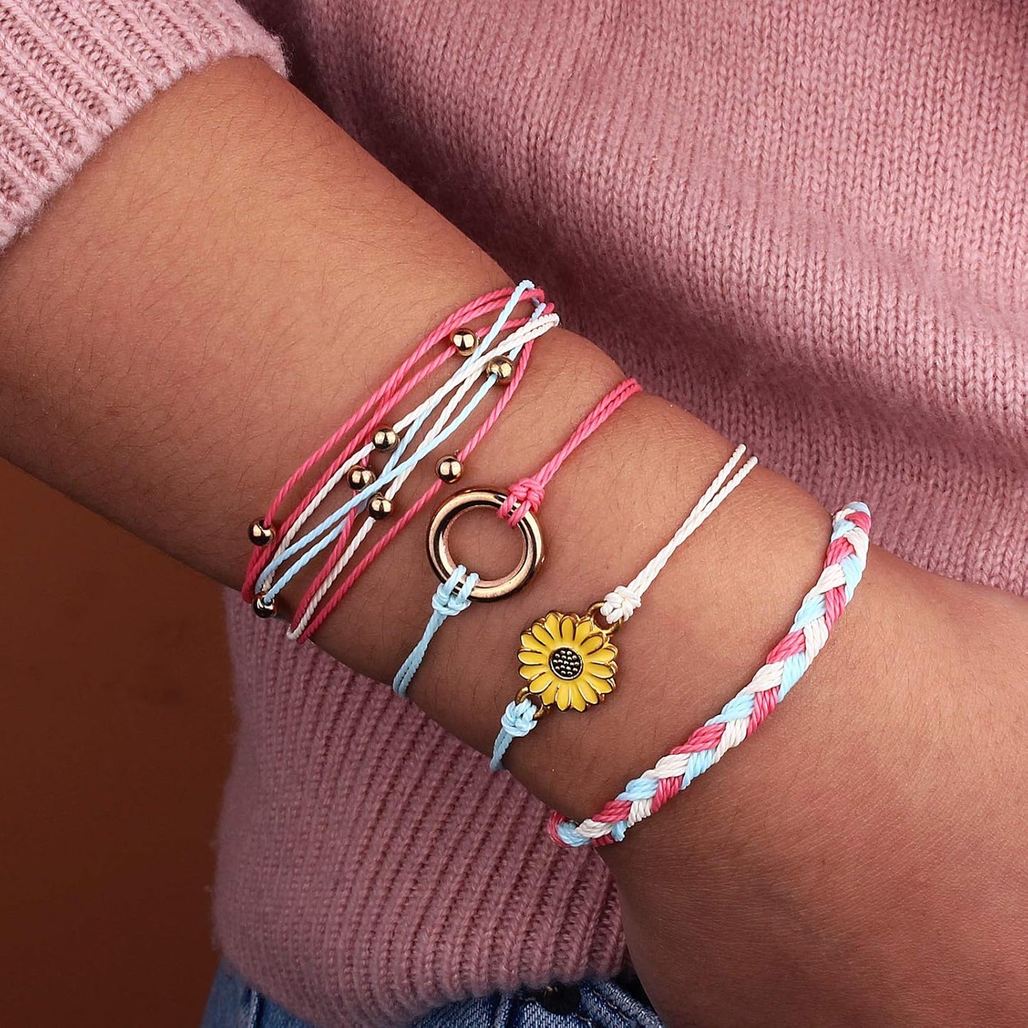 FANCY SHINY Sunflower String Bracelet Boho Braided Rope Wrap Bracelets Cute Summer Beach Surfer Jewelry for Women Christmas Gifts