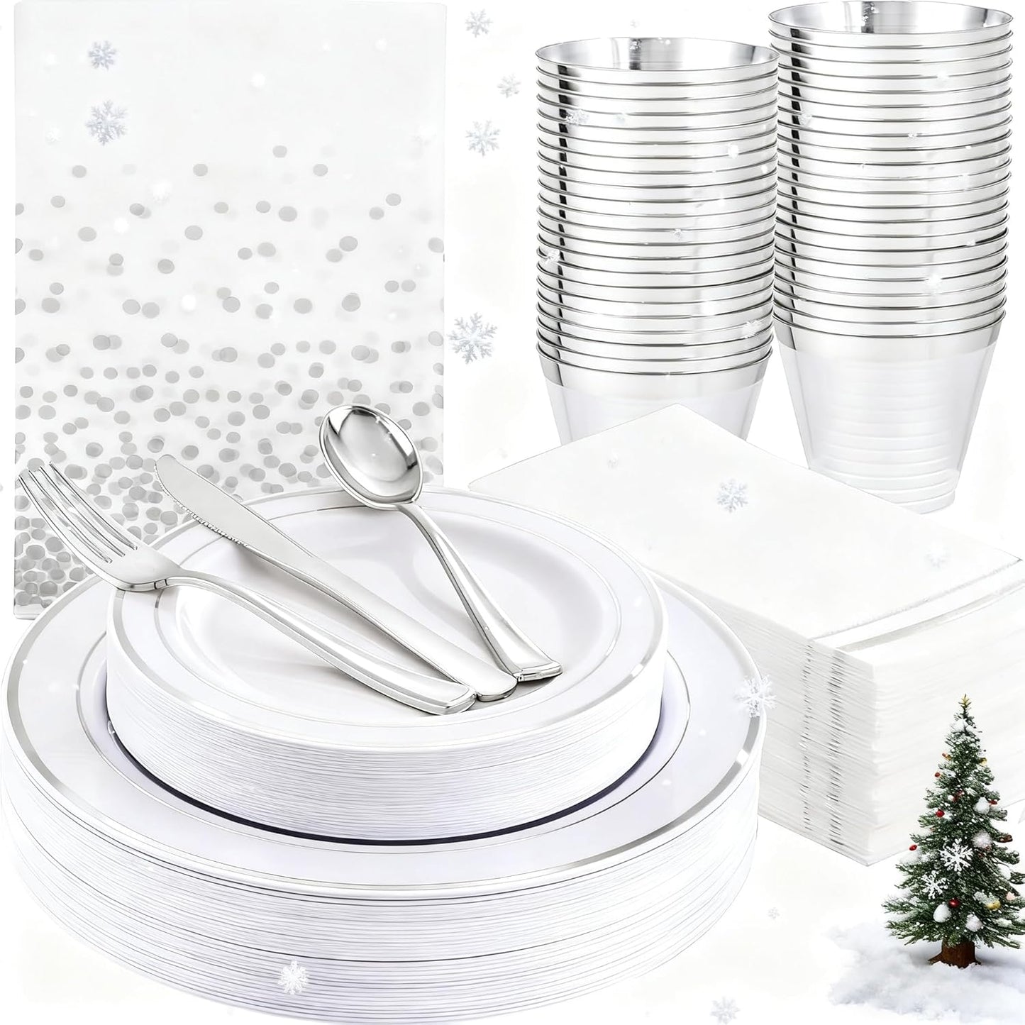 GATHER 176 Pieces Silver Plates - Disposable Silver Plastic Plates Includes 50 Plates, 75 Silverware, 25 Napkins, 25 Silver Rimmed Cups and 1 Tablecloth Perfect for Party & Weding