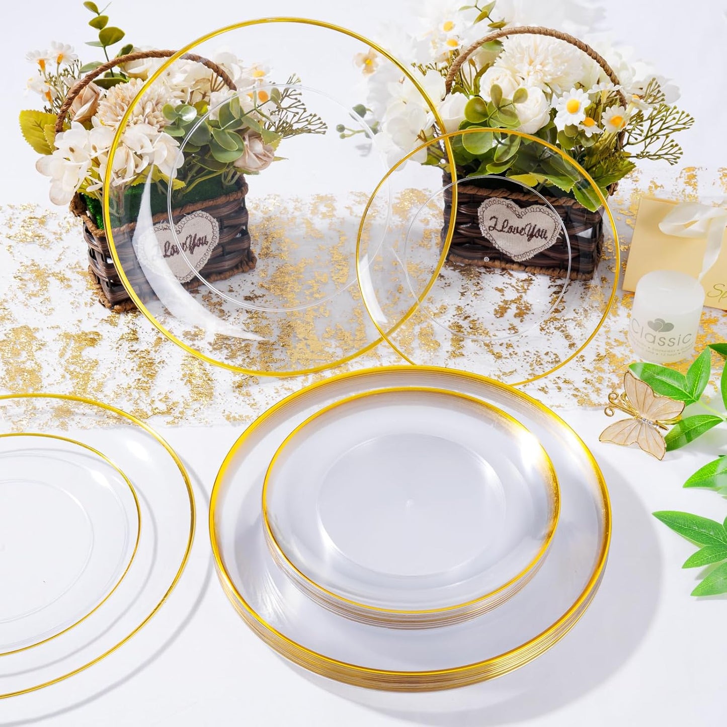 LIYH 120 Pcs Clear Gold Plastic Plates for Party, Crystal Gold Plastic Party Plates, Elegant Disposable Plate Set Included Dinner & Dessert Plate for Wedding Birthday 60 Guests