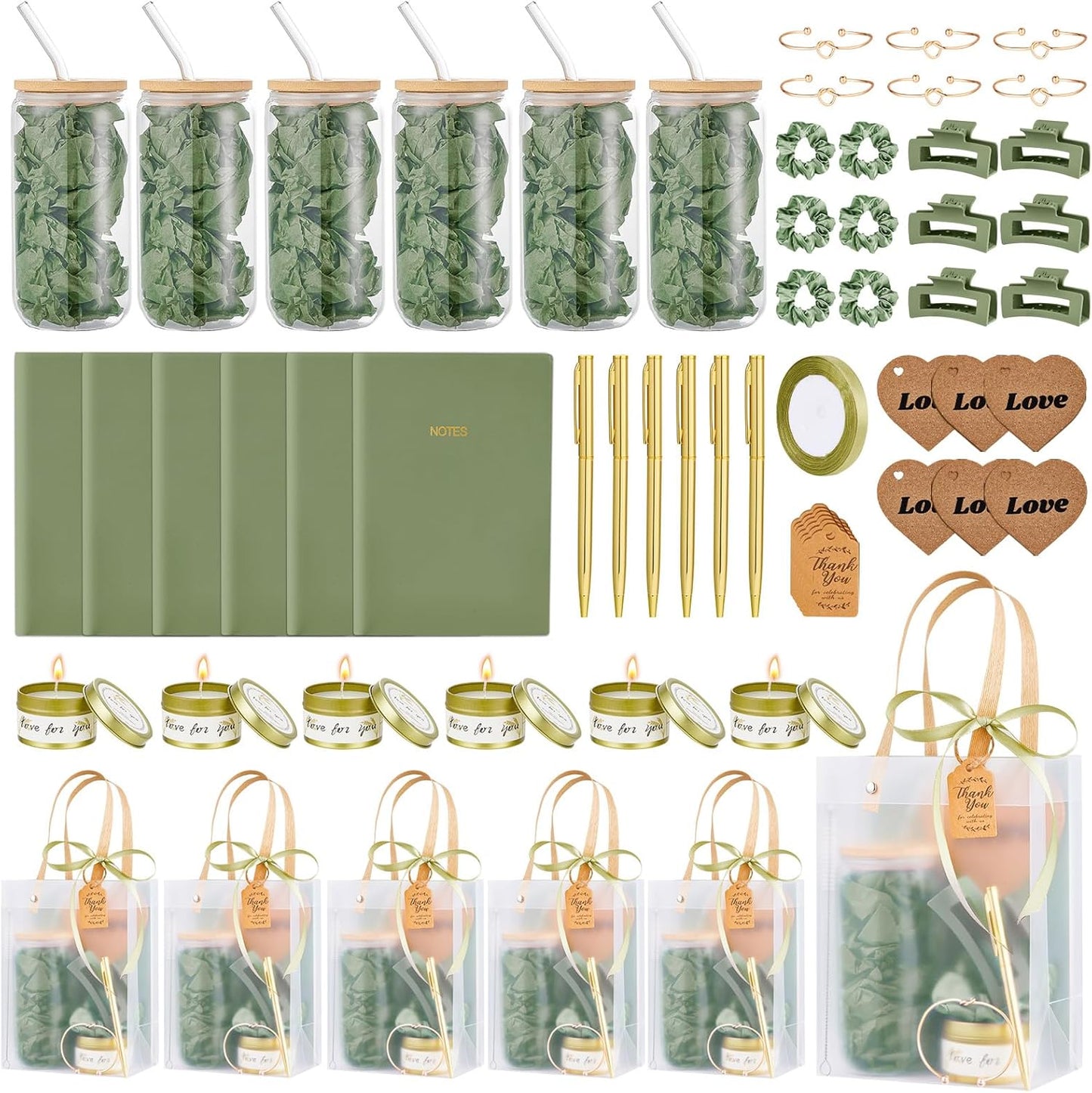 68Pcs Baby Shower Prizes for Game Winners Gifts Wedding Bridal Shower Gifts Including Glass Cans Notebooks Soy Candles Hair Clips for Baby Shower Wedding Bridal Shower Game Prizes (6, Green)