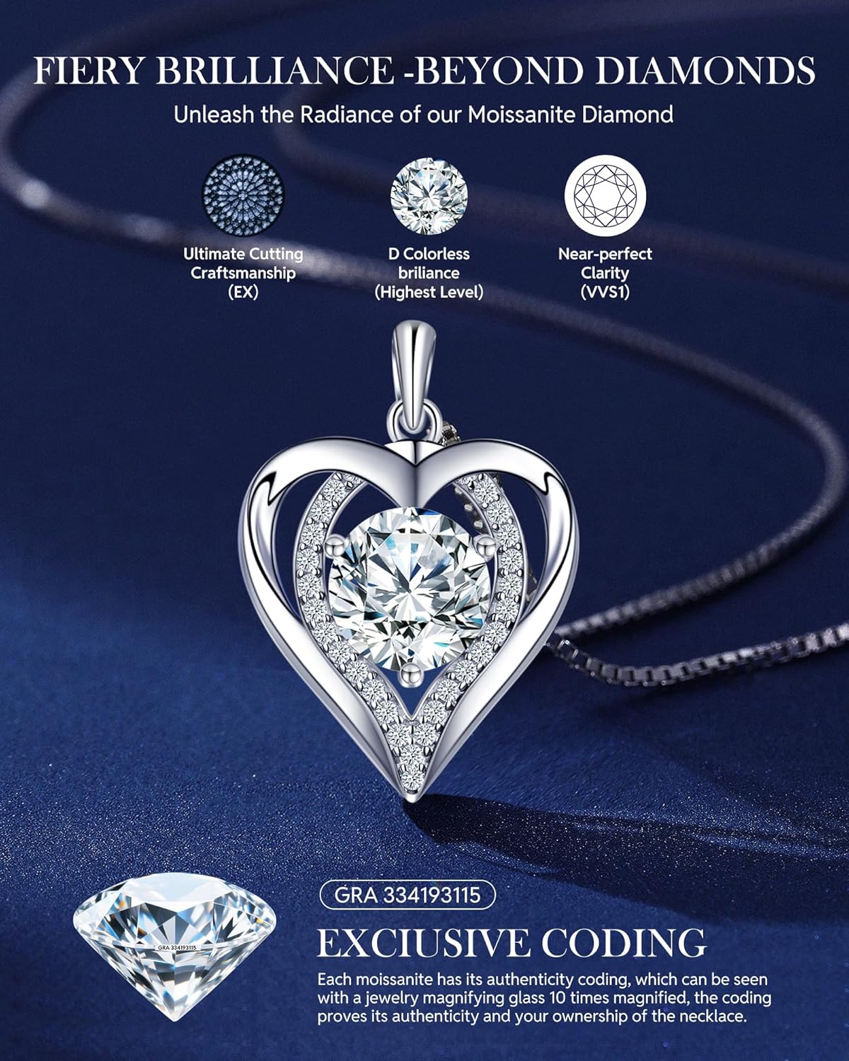 Moissanite Necklace for Women, 1-3 Carat Heart Necklace Engraved with 'I LOVE YOU' Gift for Wife, Anniversary Birthday Christmas Valentine Engagements Mothers Day Jewelry for Wife Her Girlfriend Mom Daughter