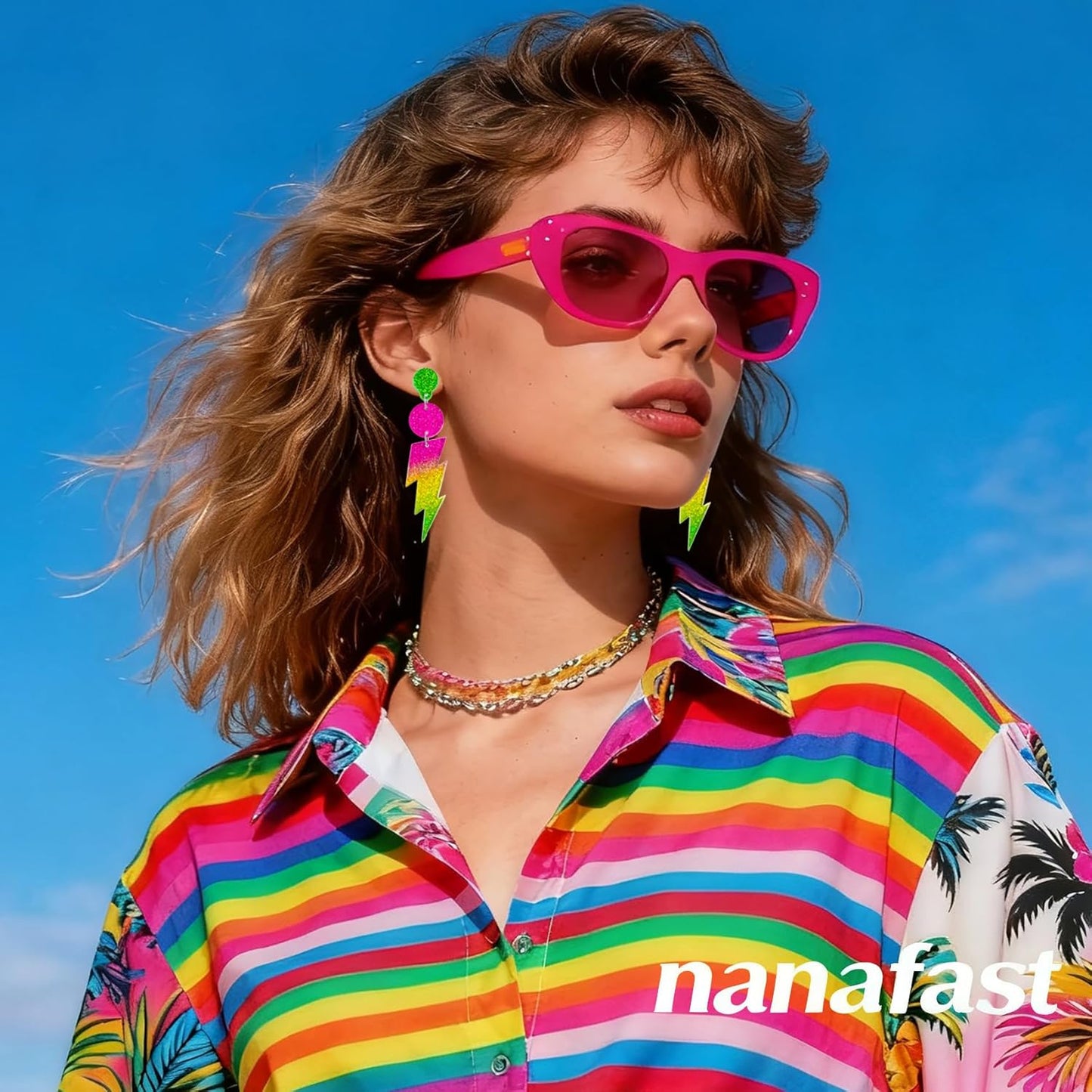 Nanafast 80S Neon Earrings Lightning Bolt Dangle Earrings for Women, 80s Accessories for Women Colorful Gradient Neon Jewelry