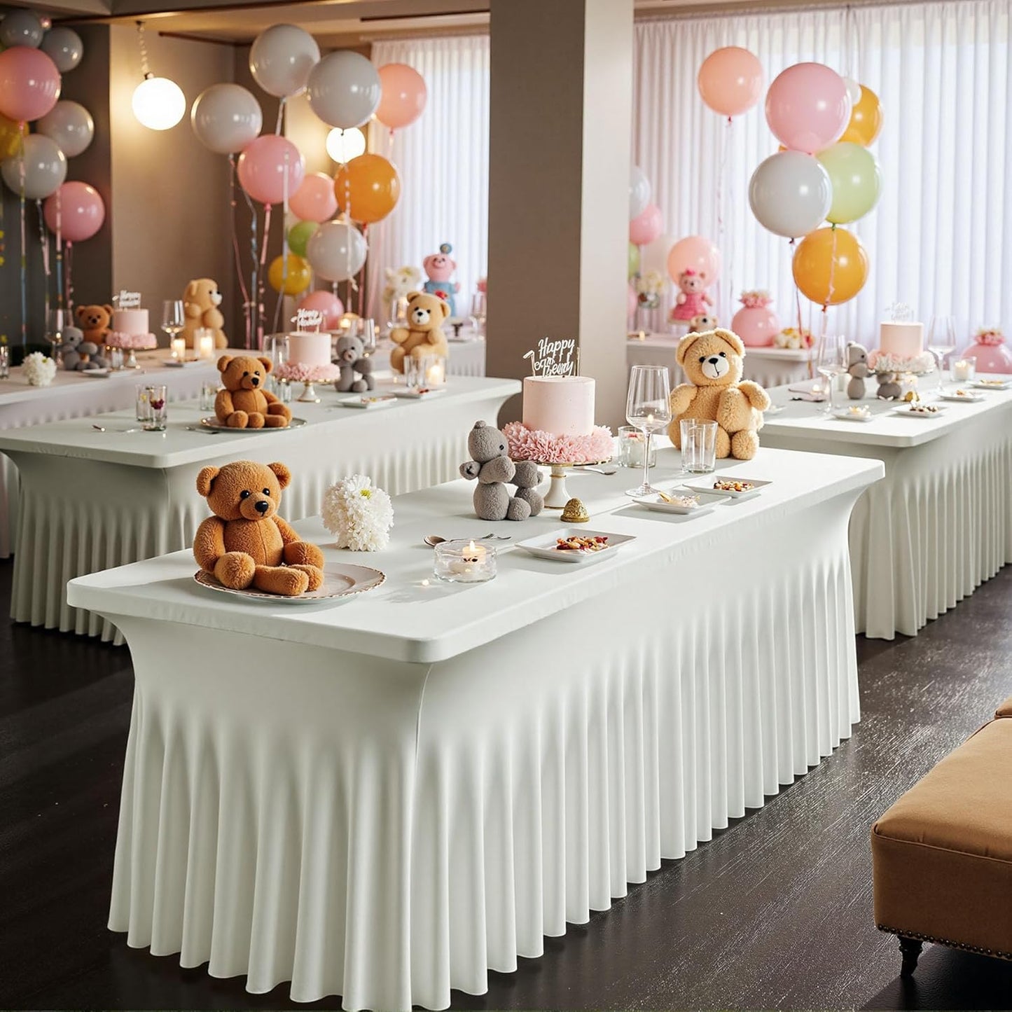 6 pk Ivory Spandex Tablecloth for 8 Foot Rectangle Tables,Wrinkle Free High Stretchy Cream Fitted Tablecloths with Ruffle Skirt, Elastic Spandex Table Covers 8 ft for Parties Weddings Banquet