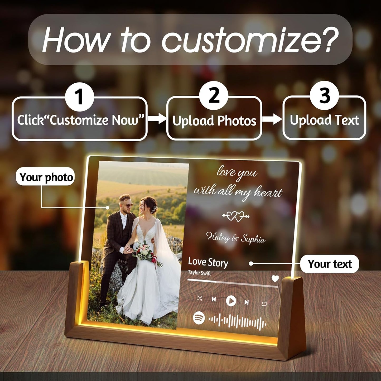 Personalized Valentine's Day Couple Gifts For Him Her, Custom Acrylic Spotify Plaque Christmas Gifts For Boyfriend Girlfriend,Custom LED Picture Frame For Women Men Anniversary Birthday Wedding Gift