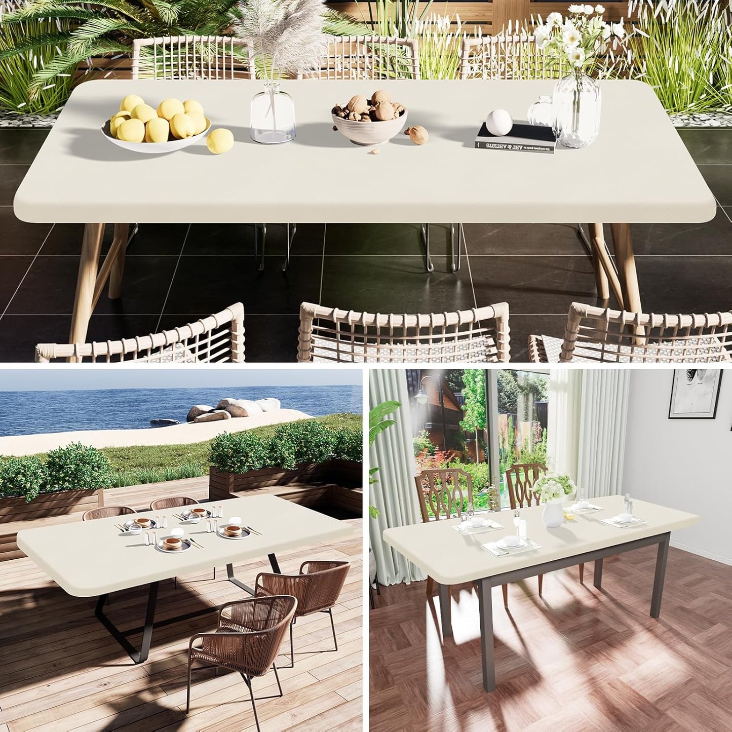 Smiry Rectangle Tablecloth, Elastic Fitted Flannel Backed Vinyl Tablecloths for 6ft Folding Tables, Waterproof Wipeable Table Covers for Indoor, Outdoor, Picnic and Camping (Beige, 36"x72")