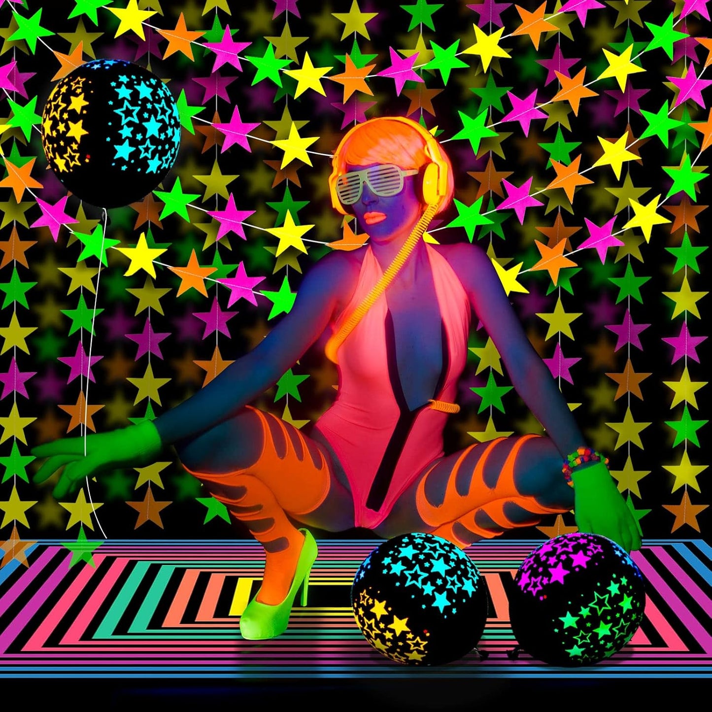 32 Pcs Glow in The Dark Party Supplies Christmas Neon Party Favors with 25 Fluorescent Balloon 6 Rolls 98.4 ft UV Blacklight Luminous Tape 14.4 ft Neon Streamer Garland for Adults(Cute Star)