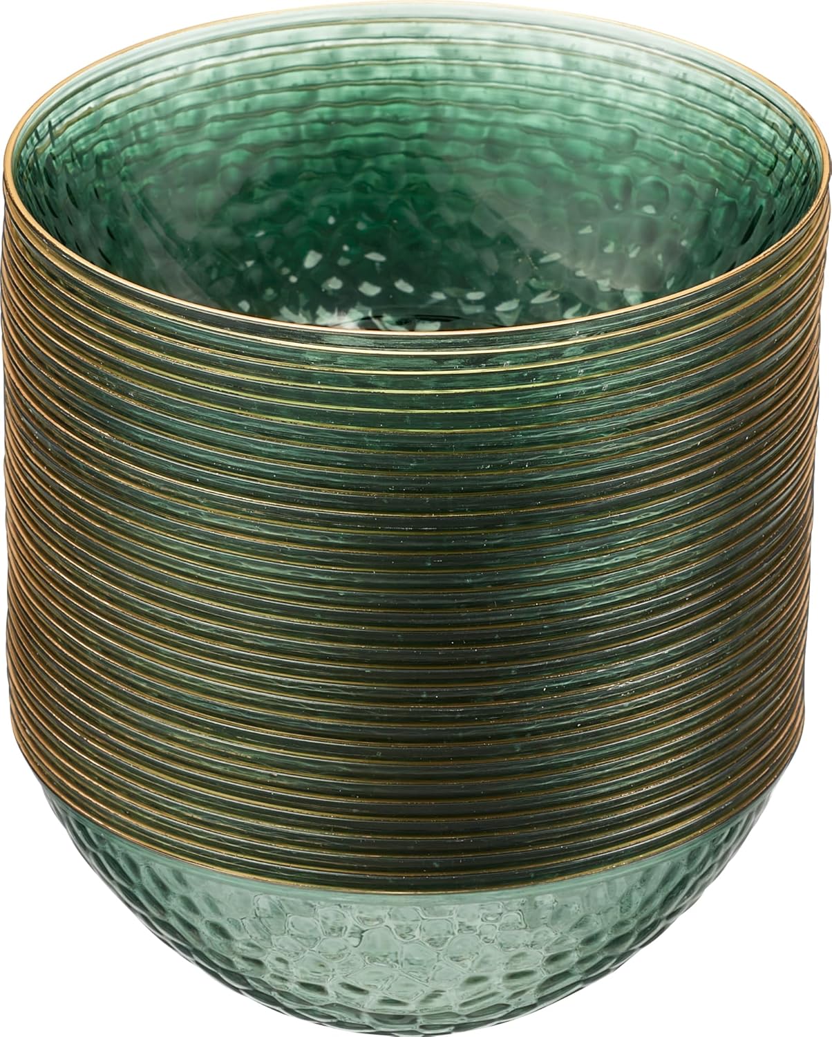 PLASTICPRO 30 Pack 12 Ounce Hammered Plastic Bowls Translucent Green with Gold Rim Heavyweight Disposable Plastic Soup Bowls Elegant Translucent Hammered Gold Rim Platsic Party Dishes