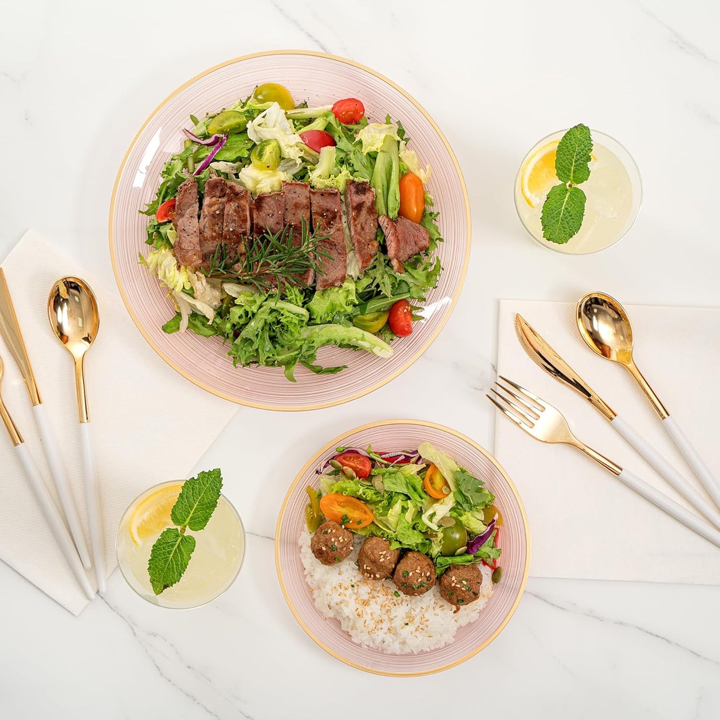 Restaurantware Plastic Plates 200 Pcs 7.13" and 10" Combo Gold Rimmed Plate Set Disposable Heavy-Duty Pink Translucent Rippled Plastic Dinner Servers for Party, Weddings, Salads, Desserts