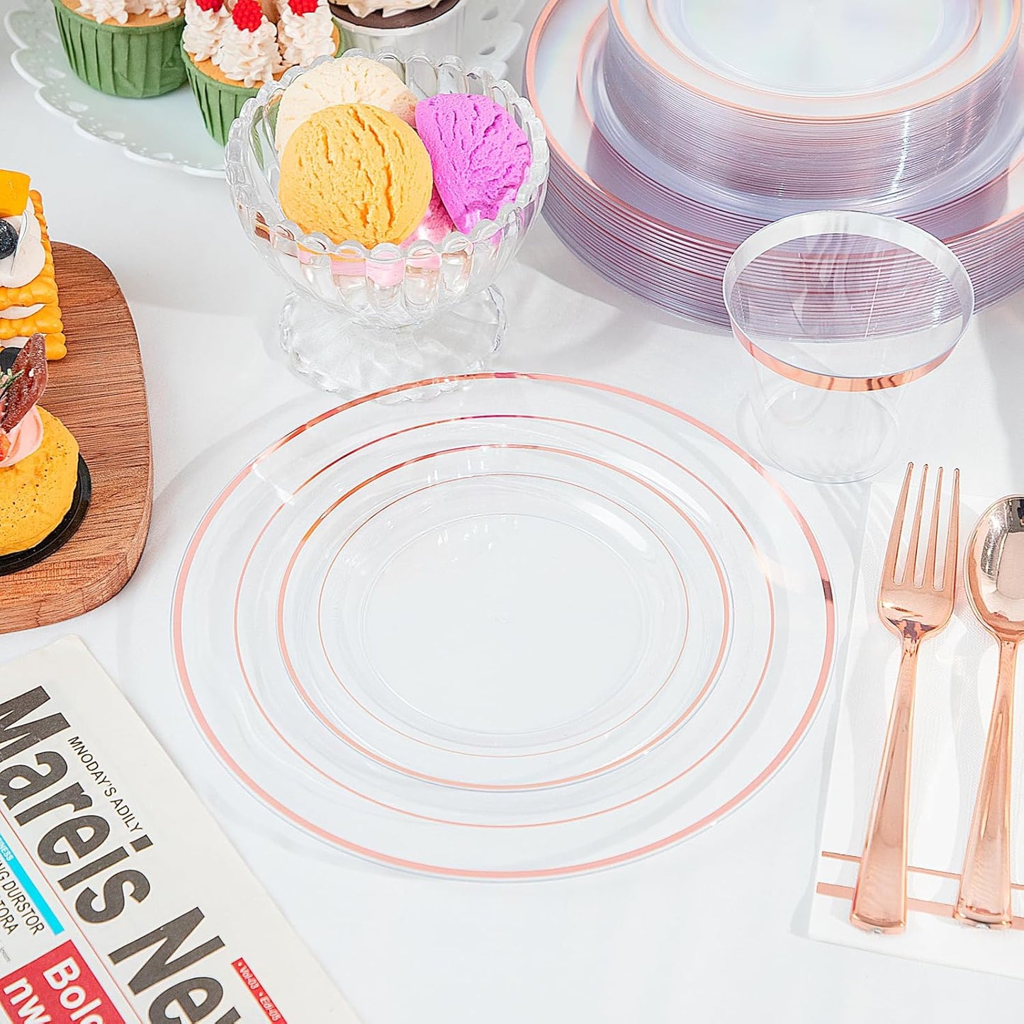 GATHER 350PCS Rose Gold Plastic Plates - Disposable Rose Gold Dinnerware Includes 100 Clear Rose Golds Rimmed Plastic Plates, 150 Silverware, 50 Napkins, 50 Cups for Party, Wedding
