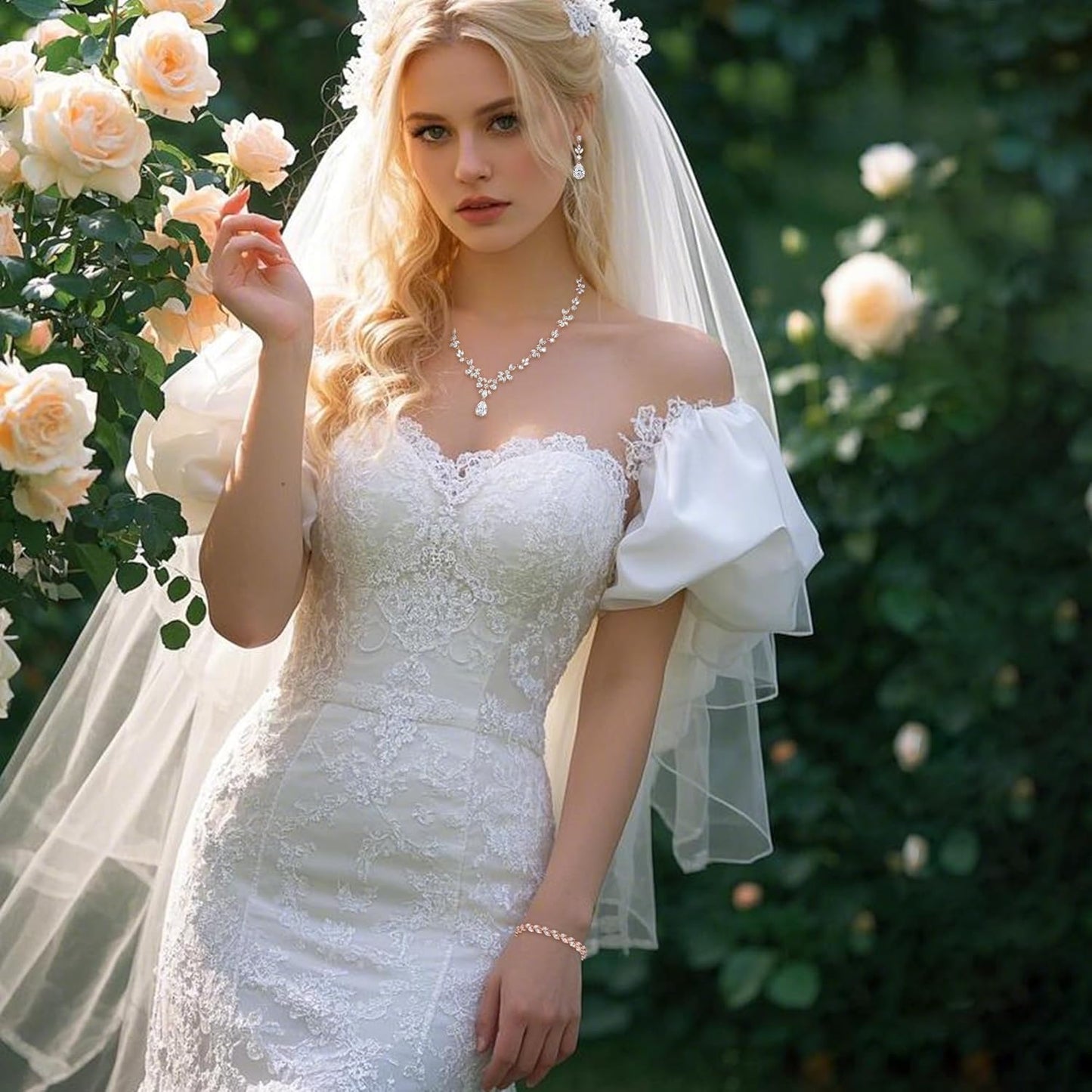 BriLove Gorgeous Wedding Jewelry Set for Women Bridal Cubic Zirconia Marquise Teardrop Leaf Cluster Y-Necklace Dangle Earrings Link Bracelet