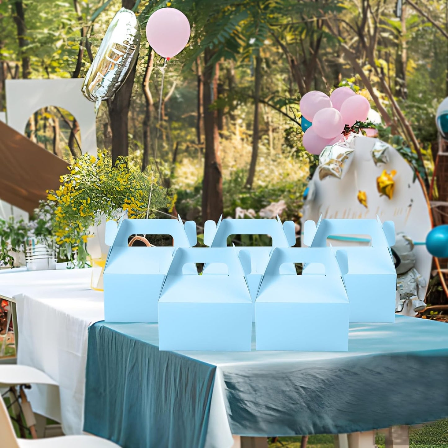 XAGLVV 24 Pack Blue Gable Boxes with Handles 6.2x3.5x3.5 Inch Paper Party Favor Gift Box for Baby Boy Showers wonderland party beach theme favors