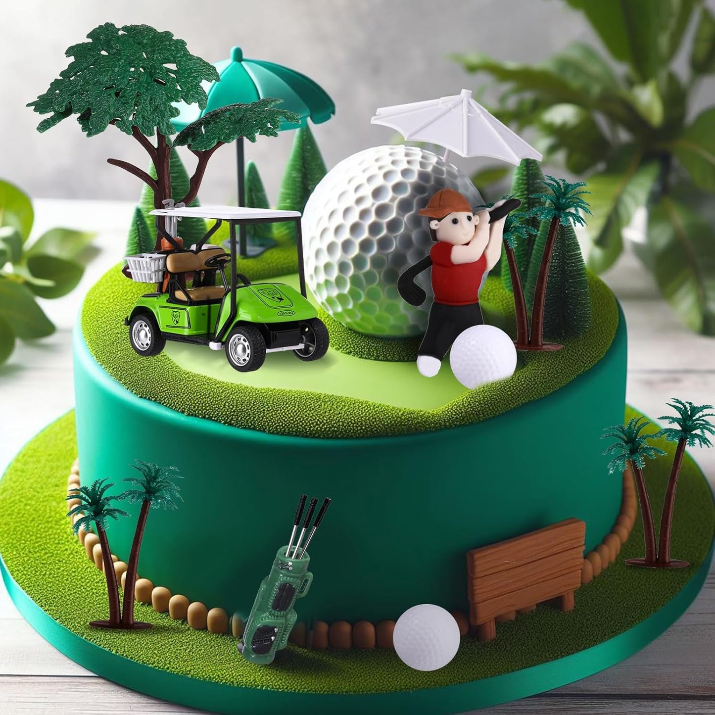 RAYNAG 19 Pieces Golf Cake Topper Birthday Decorations Party Supplies With Clay Figurine Cart Sun Umbrella Ball Green Tree for Themed Cake Decorations Party Favors