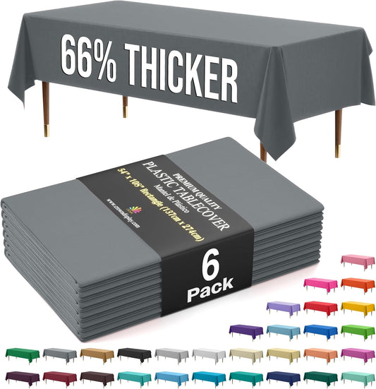 Exquisite 66% Thicker Premium Plastic Table Cloth Rectangle Table Cover 0.5 Mil 6 Pack Silver Table Cloth 54 Inch x 108 Inch Disposable Tablecloth Won't Tear Easily Like Cheap Thin Brands