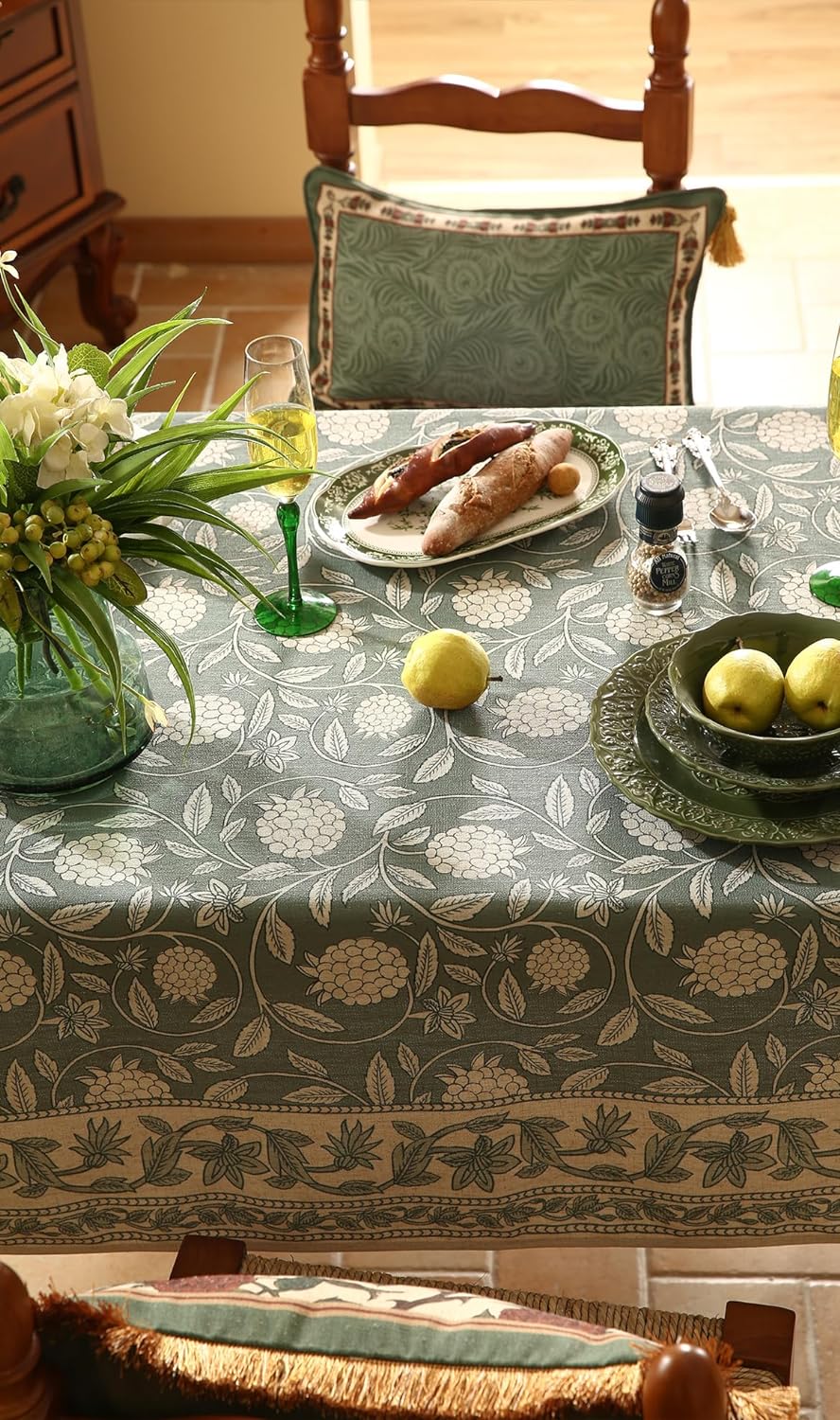 ISAENNE Designer Grayish Green Linen Rectangular Tablecloth,Floral Stain Resistant Table Cloth,Fall Vintage Decor Tablecloths for Dining Thanksgiving Kitchen Party,55"*79"-Andrew A
