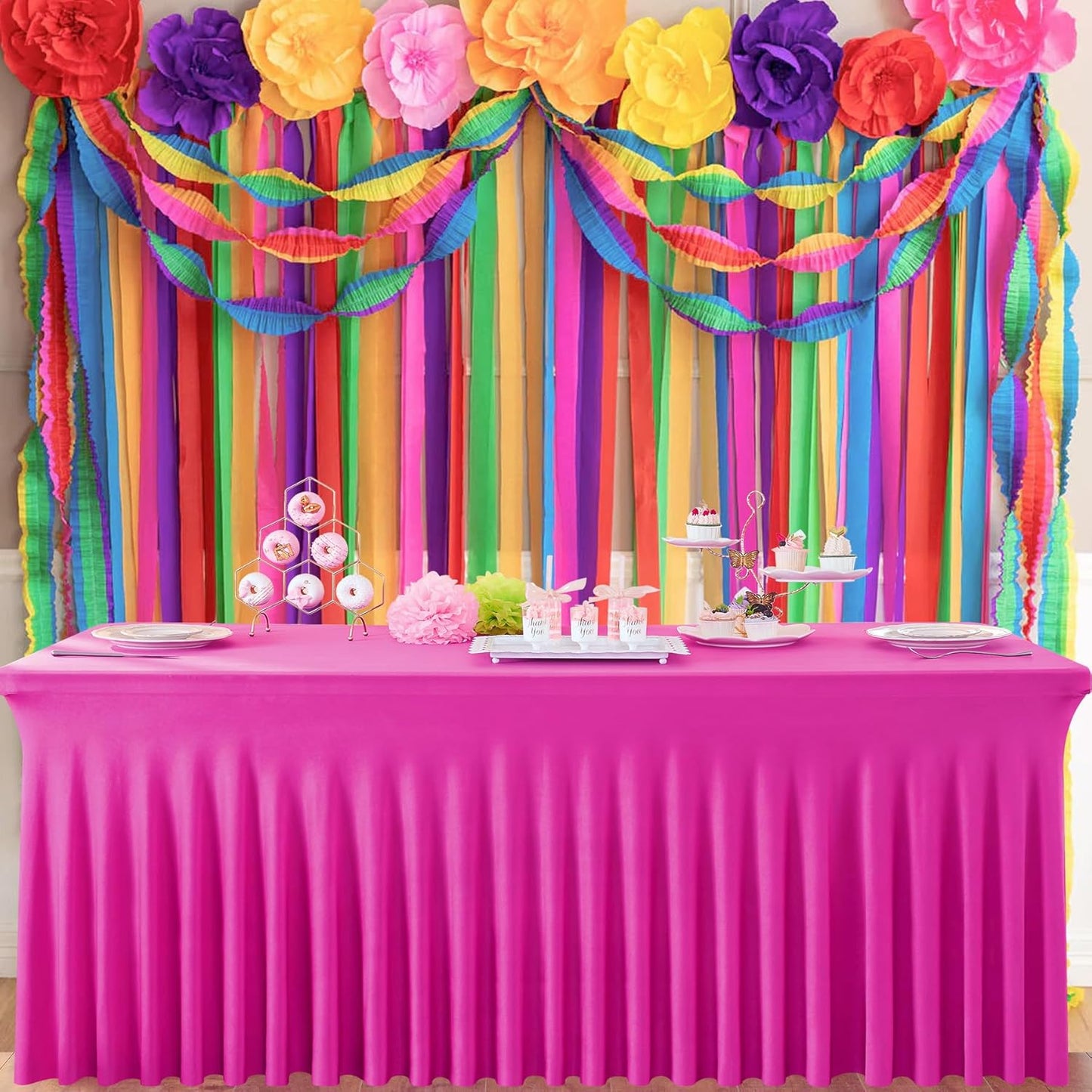 6 Pack Hot Pink Spandex Tablecloth for 8 Foot Rectangle Tables, Wrinkle Free Fitted Table Cloth Cover 8FT Fuchsia Stretchy Tablecloths Desk Skirt for Parties Weddings Birthday Banquet Baby Shower