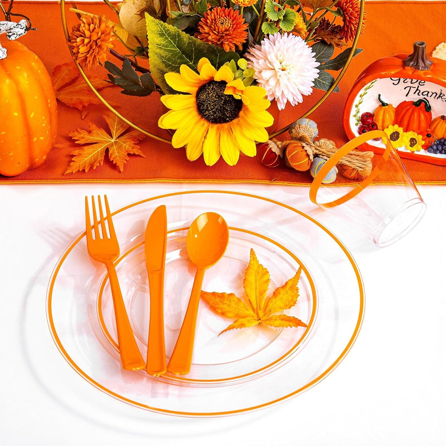 SUT 175Pcs Orange and Clear Plastic Dinnerware Set for 25 Guests, Include: 25 Dinner Plate, 25 Dessert Plates, 25 Pre Rolled Napkins With Silverware, 25 Cups, Disposable Plates for Thanksgiving, Party