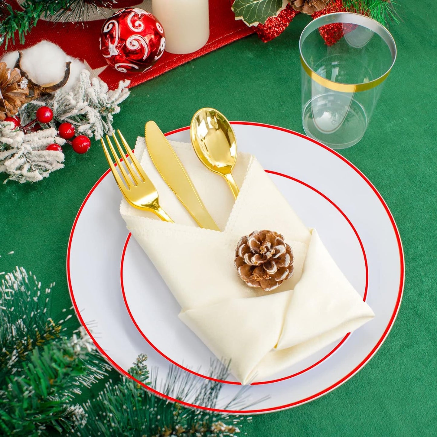 Supernal 350pcs Christmas Plastic Dinnerware Set,Christmas Plastic Plates,Gold Plastic Silverware,Gold Plastic Cups,Plastic Plates with Christmas Tree Design Suit for 50 Guests Perfect for Christmas