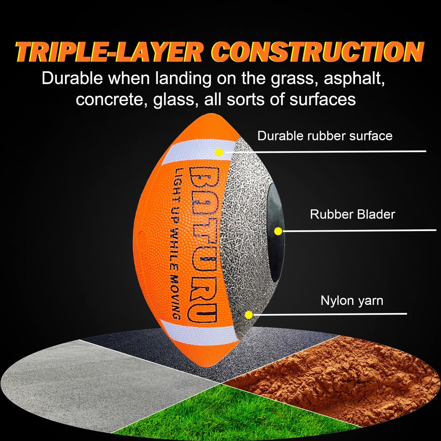 Light Up Football, Glow in The Dark Balls Toys, Junior NO 6 - Birthday Gifts for Boys Kids Teen Youth 8 9 10 11 12 Year Old, Catch Games in Backyard Evening, Camping, Beach, Outdoor (Orange+Black)