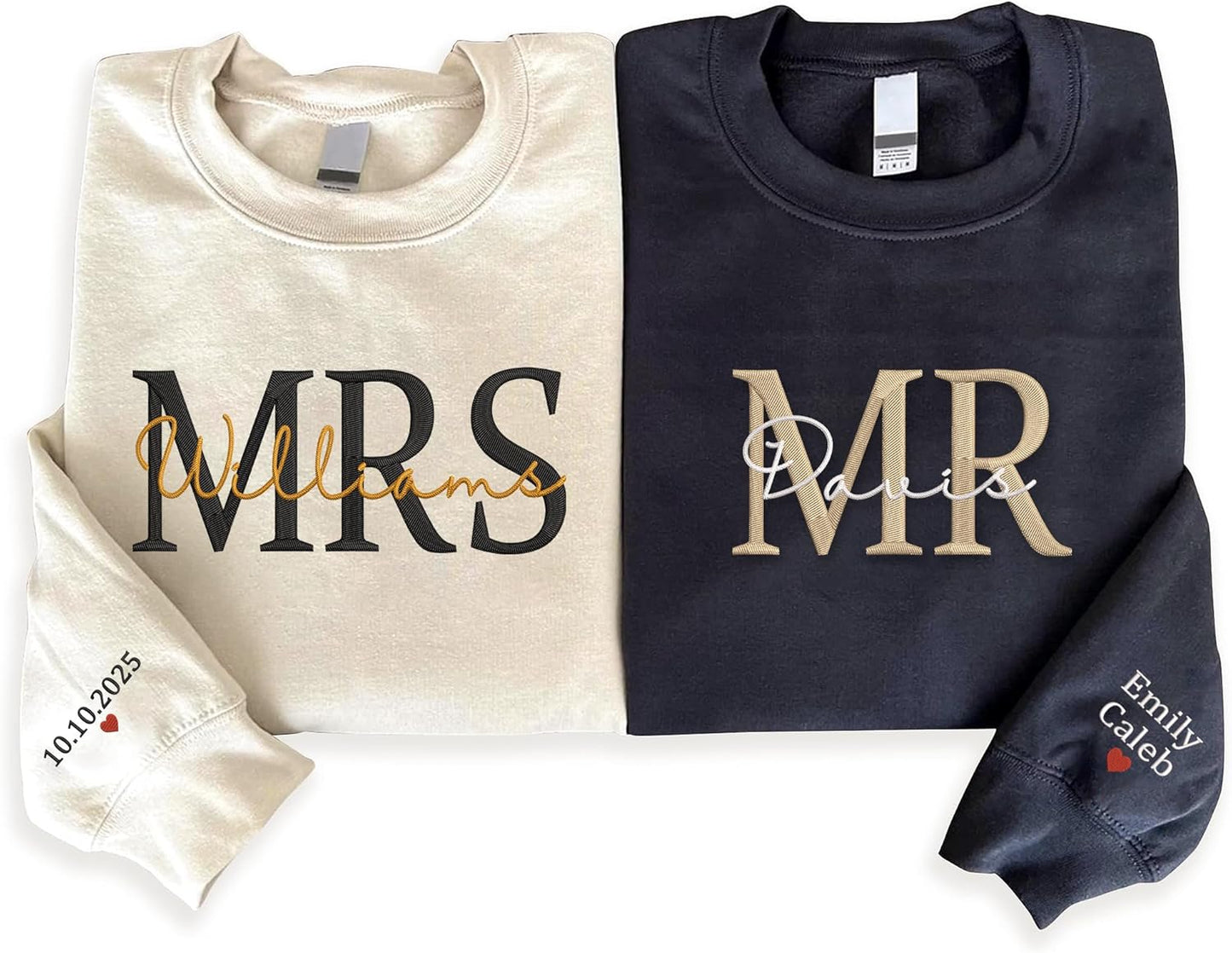 Custom Mr & Mrs Embroidered Sweatshirt – Matching Couple Sweatshirt - Personalized Anniversary Date or Text on Sleeve – Gifts for Him and Her, Wedding, Valentine’s Day, Christmas