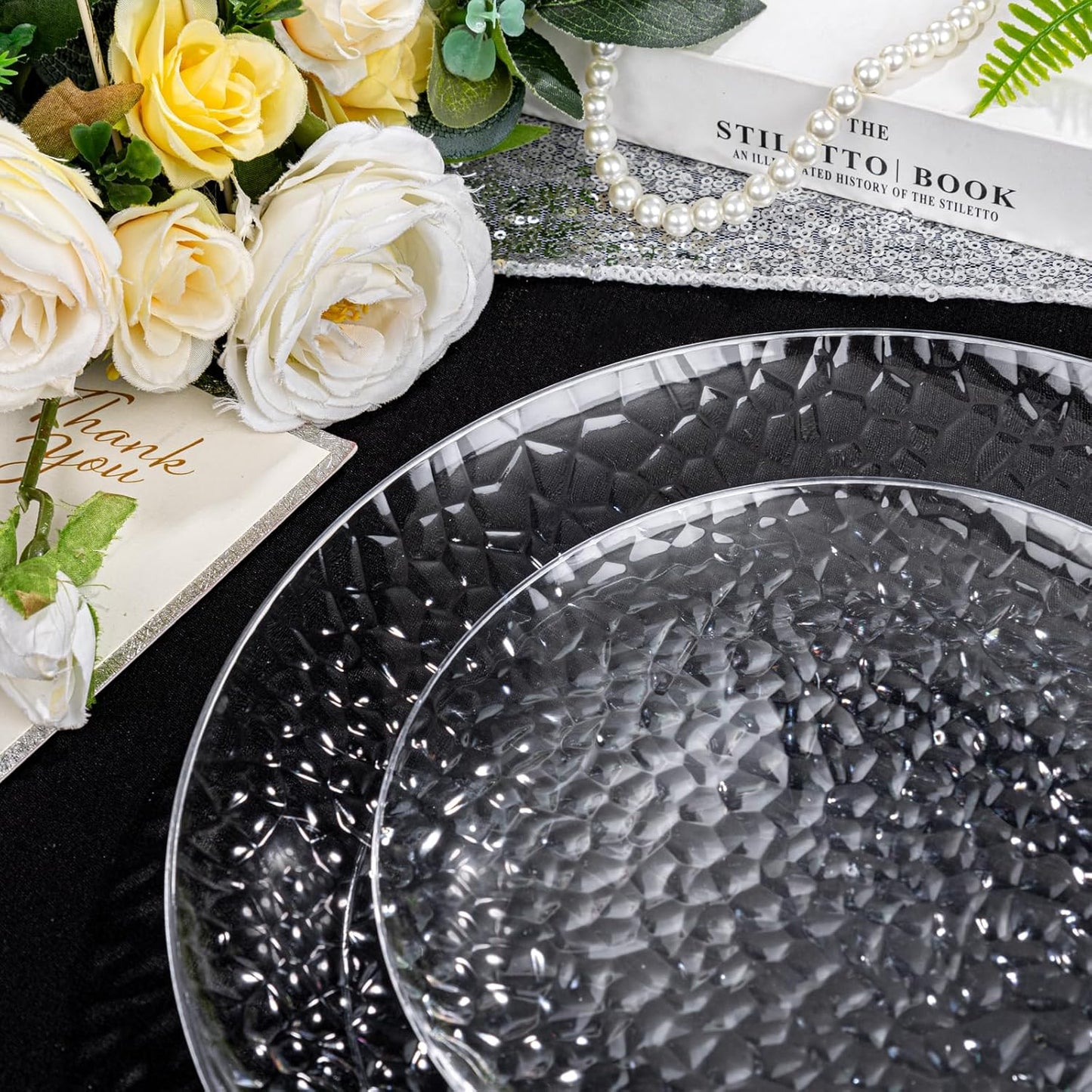 Rubtlamp 100Pcs Clear Plastic Plates, Heavy-Duty Party Plates, clear hammered plastic plates Include 50 Clear Dessert/Salad Platos, 50 Dinner Platos for Party