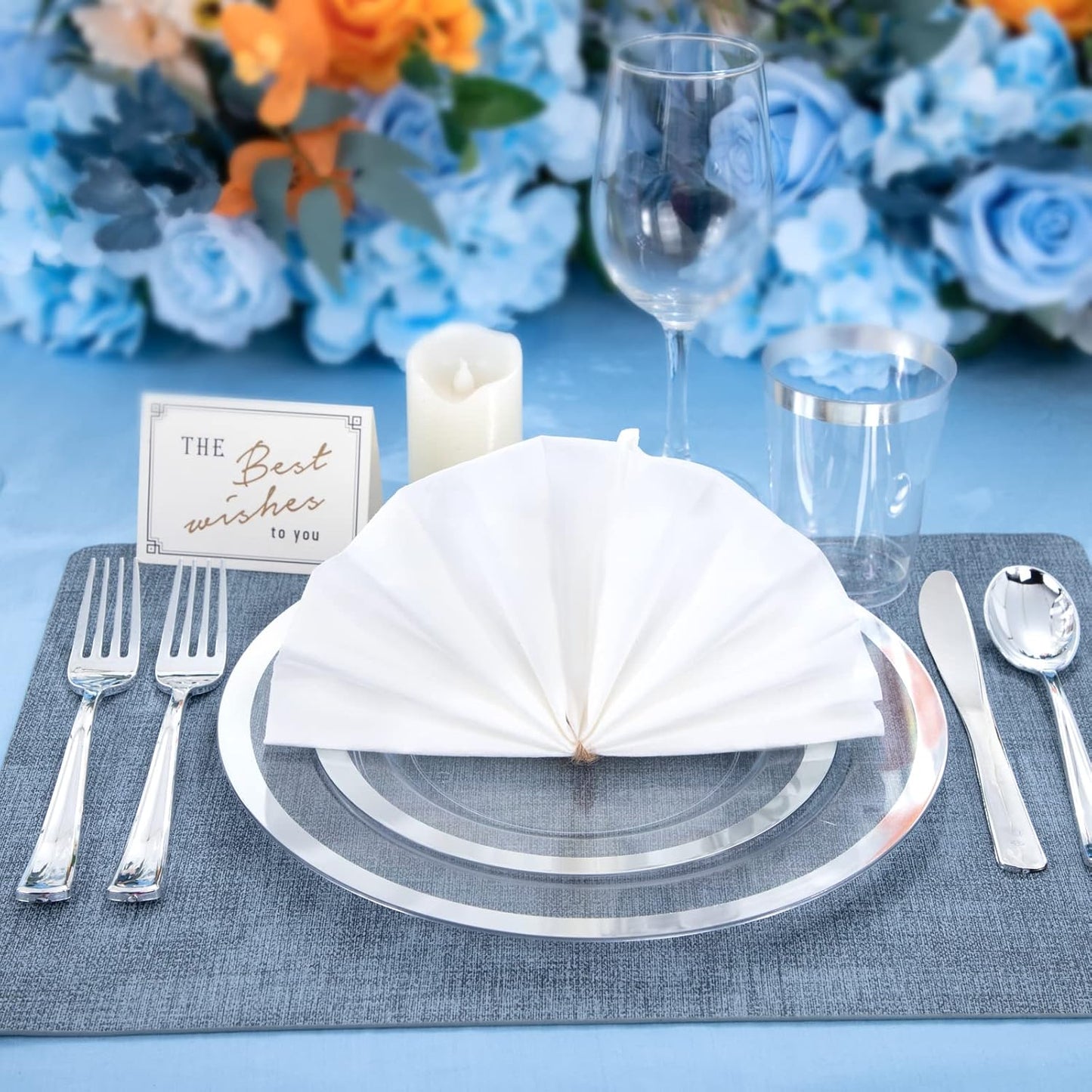 YOUBET 175PCS Clear Plastic Plates with Silver Rim include -Disposable Silver Plstic Plates Includes 50 Silvery Plastic Plate, 25Forks, 25Knives, 25Spoons, 25Cups, 25Napkins for Wedding & Party