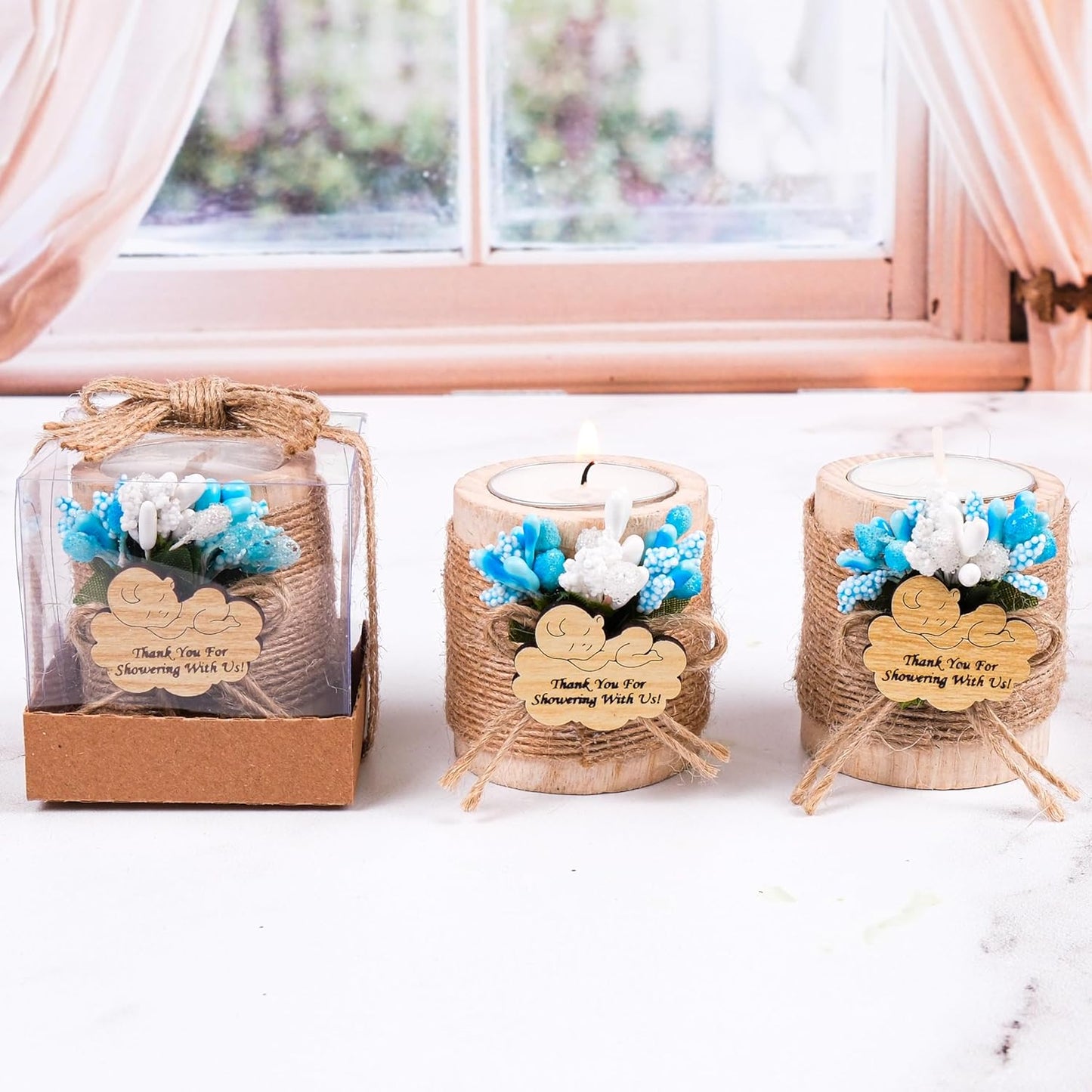 HTF Pack of 10 Baby Shower Decorations Wood Tealight Candle Holder, Gender Reveal Favors, Babyshower Wood Candle Holders (BS-Blue, Light Brown)