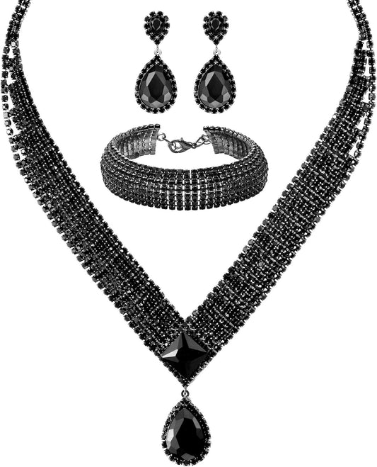 3/4 Pieces Women Jewelry Set Rhinestone Tiara Crown Necklace Bangle Bracelet Artificial Crystal Teardrop Dangle Earrings and Artificial Rhinestone Handbag for Wedding Party