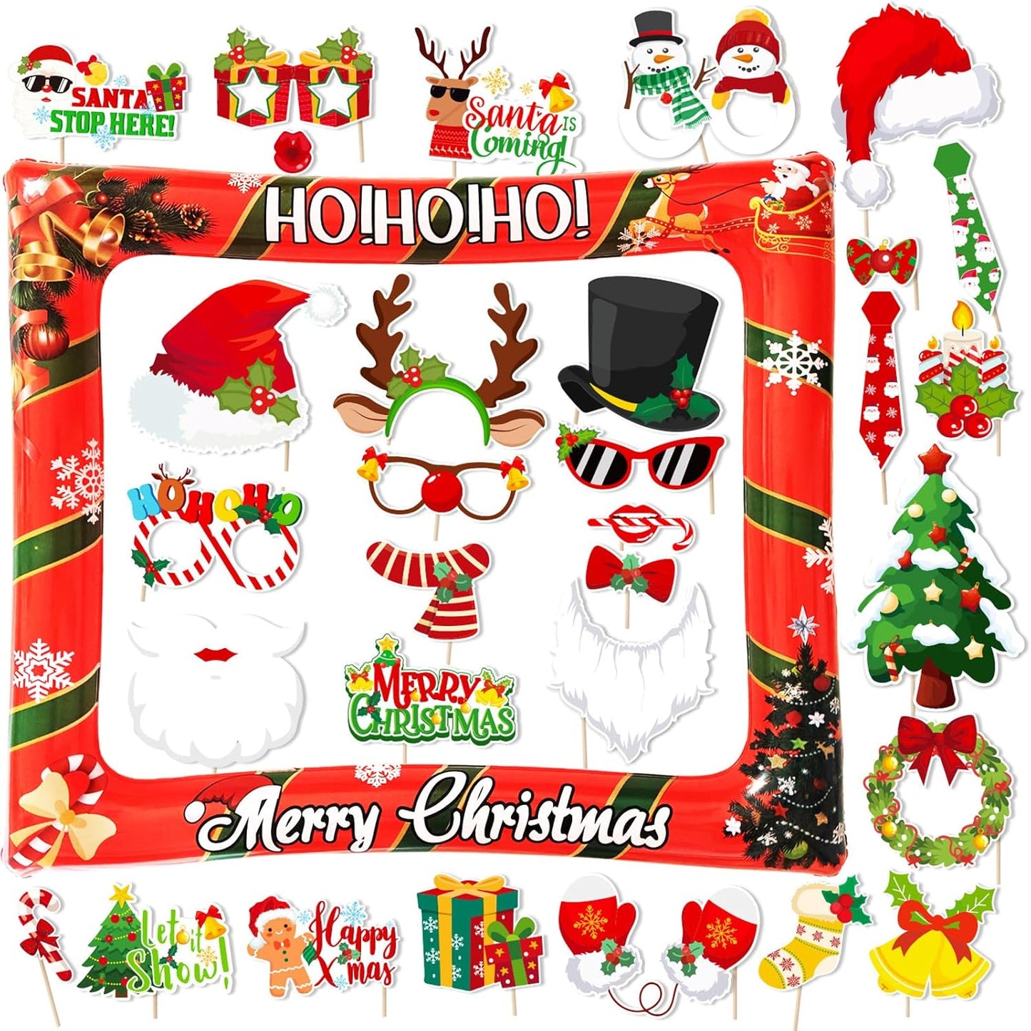 32 PCS Christmas Photo Props with Inflatable Selfie Photo Booth Frame - Funny Christmas Themed Photo Booth Selfie Frame Props for Adults Kids Red and Green Christmas Party Supplies Decorations