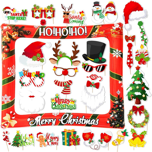 32 PCS Christmas Photo Props with Inflatable Selfie Photo Booth Frame - Funny Christmas Themed Photo Booth Selfie Frame Props for Adults Kids Red and Green Christmas Party Supplies Decorations