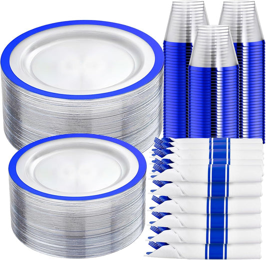 I00000 210 Pcs Dark Blue Plastic Plates, Clear Disposable Plates for 30 Guests, Blue Dinnerware Include 30 Dinner Plates 30 Dessert Plates, 30 Cups, 30 Pre Rolled Napkins with Cutlery Set for Party
